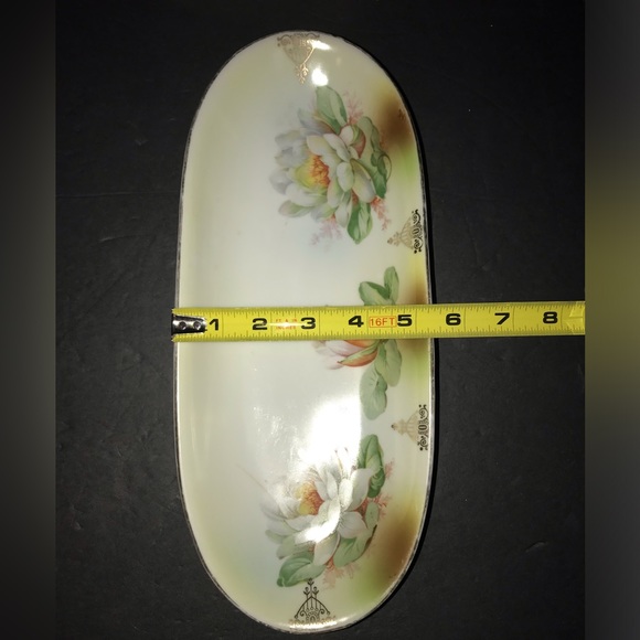 Vintage German Oblong Porcelain Hand Painted White/Pink Flowers Gold Border - Picture 6 of 7